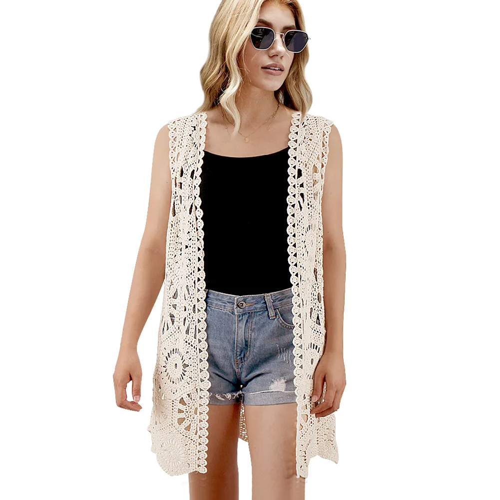 Womens Floral Crochet Lace Boho Trim Sleeveless Open Front Vest Cardigan White Beige