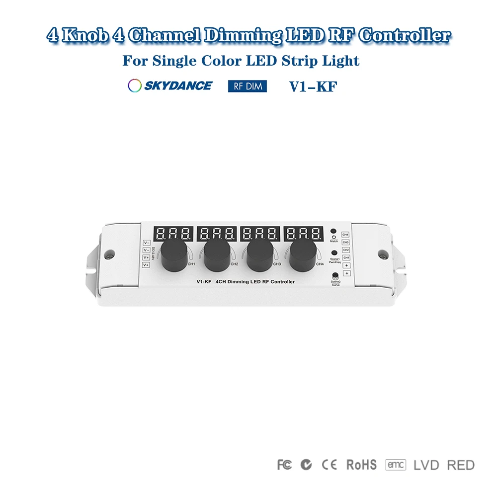Skydance V1-KF DC12-48V 4Knob+Key+2.4GHzRF 4 Channel 4A/CH PWM LED Dimmer Switch Controller For Single Color LED Strip Light