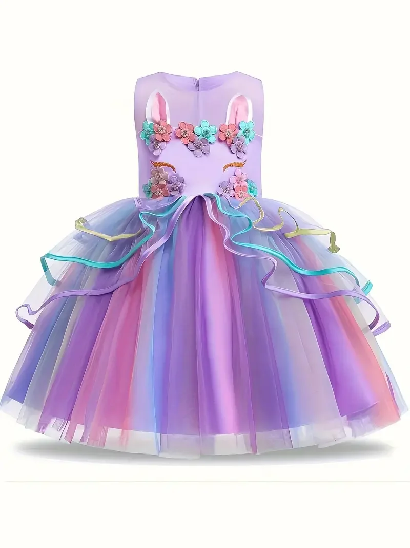 

Girls Unicorn Princess Dress Cute Unicorn Floral Print Mesh Princess Dress With Tulle Kids Dresses #731