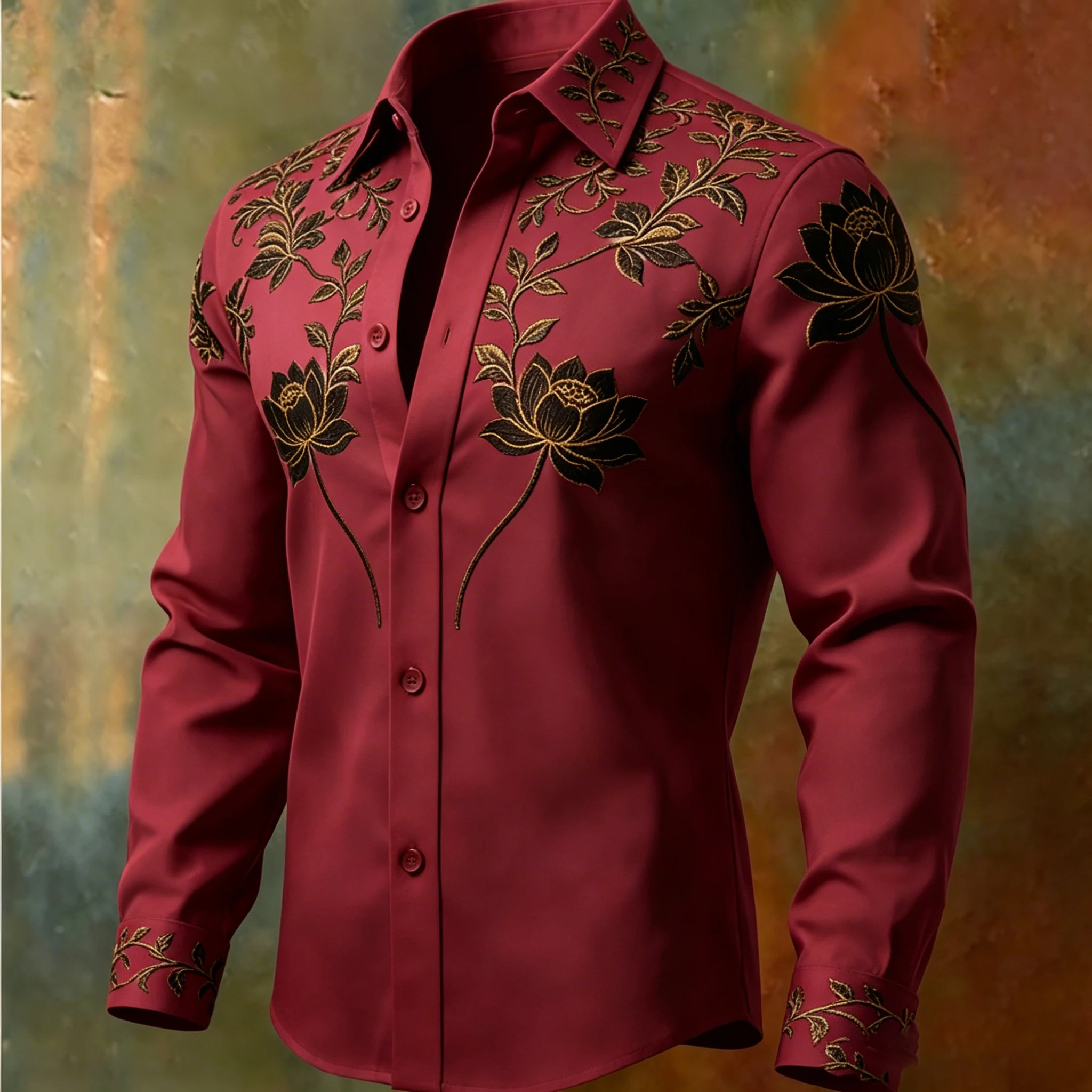 Men's luxury gold thread lotus embroidery long sleeved shirt with satin texture, lapel button, casual formal shirt