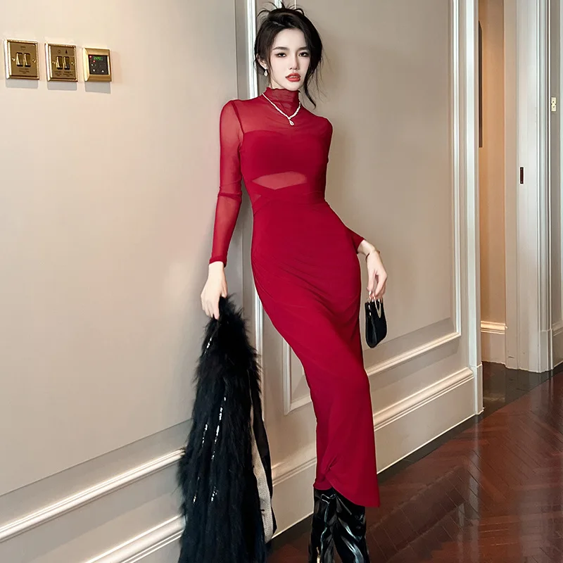 

2023 Autumn and Winter New Perspective Splicing Slim Fit Split Dress Bottom Long Dress for Women