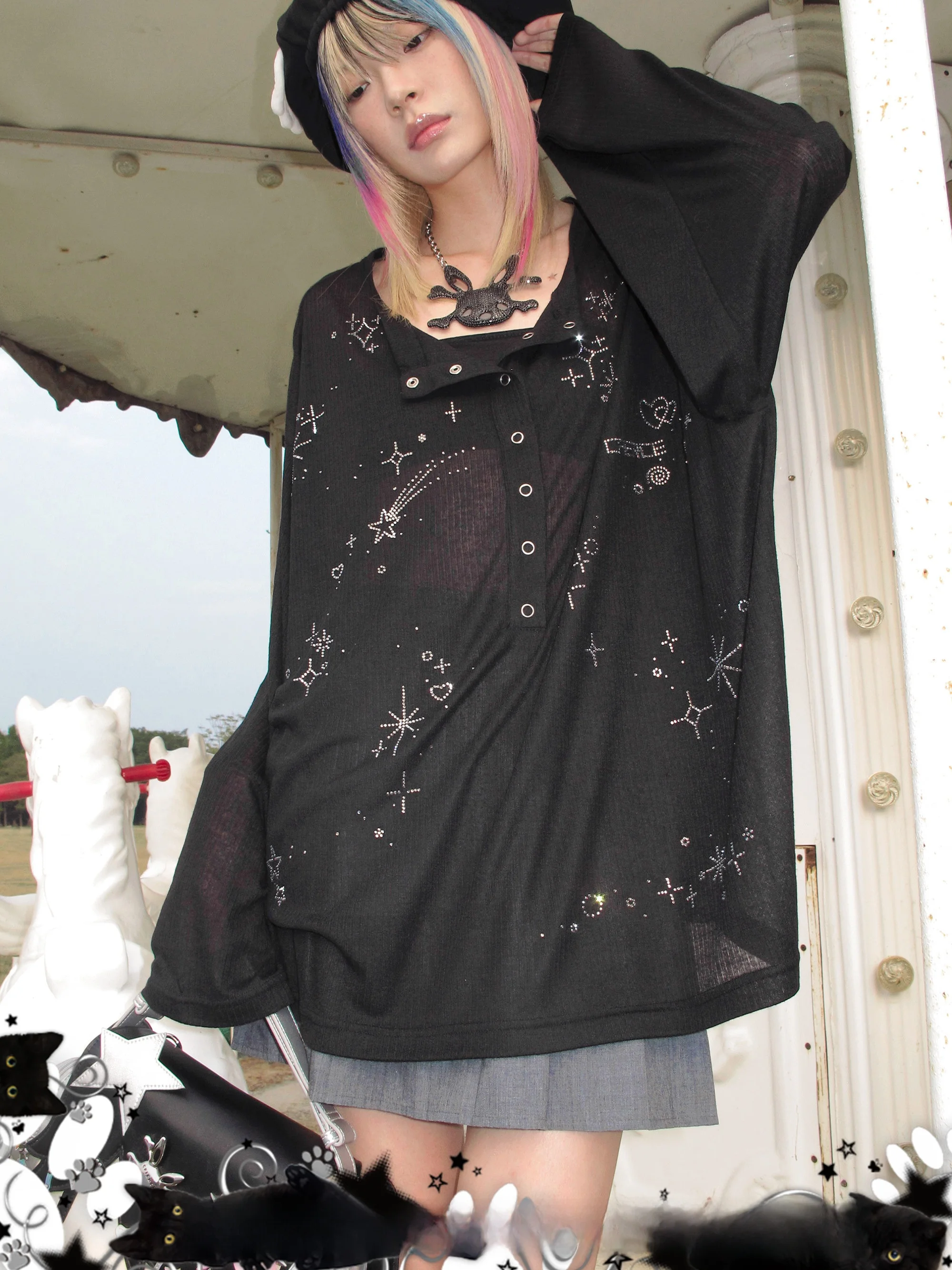

CFIERCE Starlight Rhinestone Open Front Long Sleeve Top Casual Loose Fit Cotton Polyester round Neck Winter Fashion T-Shirt