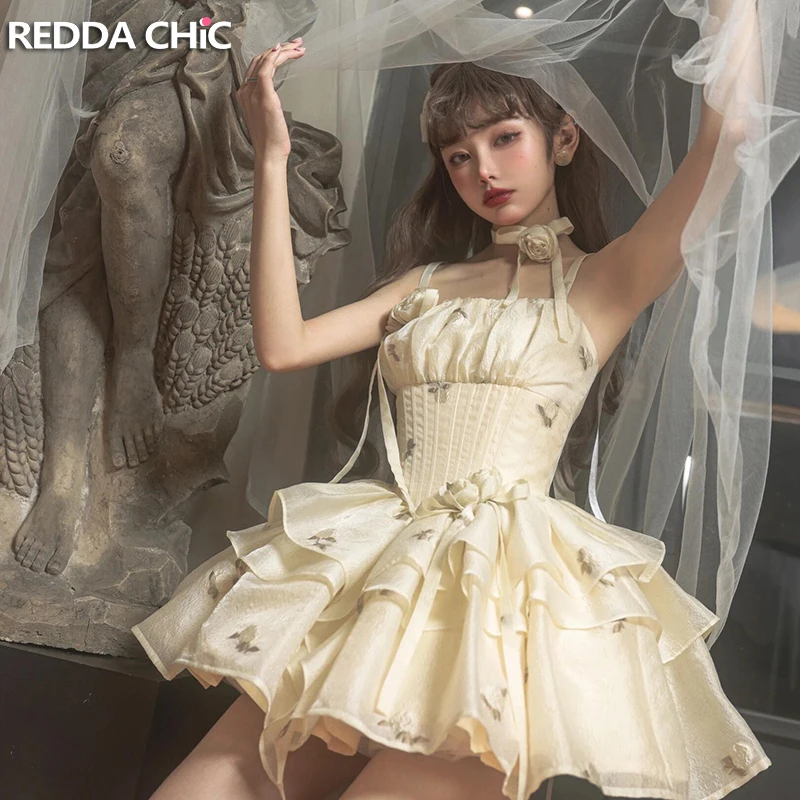 

REDDACHiC Romantic Rose Mini Cake Dress Women Retro Boned Lace-up Pleats Layered Ruffle Chiffon Dress Lolita OP Princess Costume