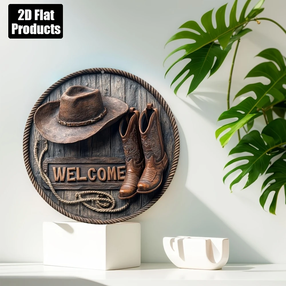 1 Piece 2D Wooden Disc Hat Shoes Welcome Theme Wall Art Sign 8 Inch For Home Office Living Room Bathroom Bar Cafe Decoration