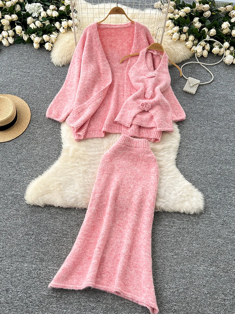 Women Pink 3 Piece Sets Vintage Long Sleeve Sweater A-Line Long Skirts Vintage Y2k Skirt Sets Outfits Elegant 2000s Clothes 2024