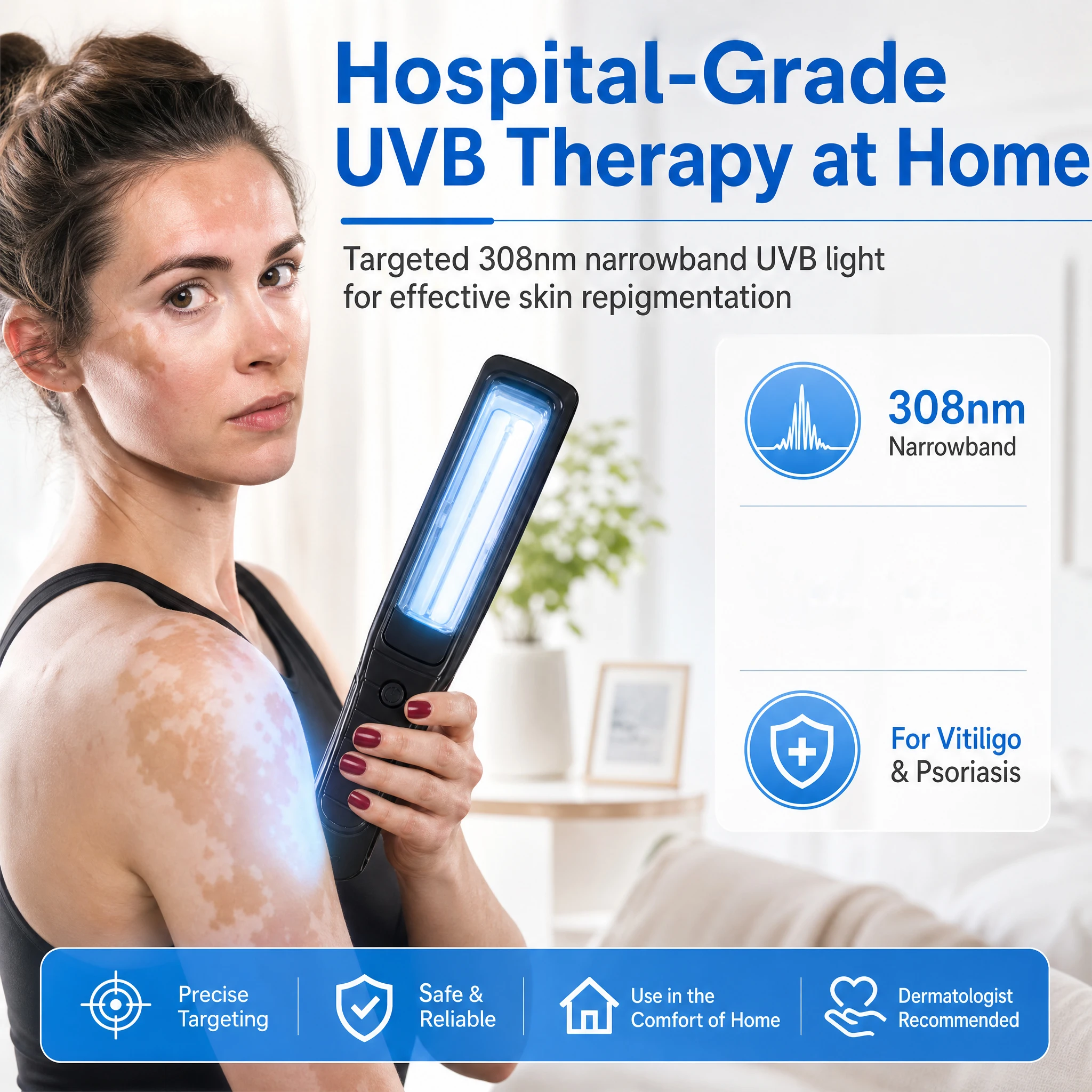 Portable 308nm UVB Skin Phototherapy Instrument Single Tube Narrow Spectrum UV Irradiation Dermatology Equipment