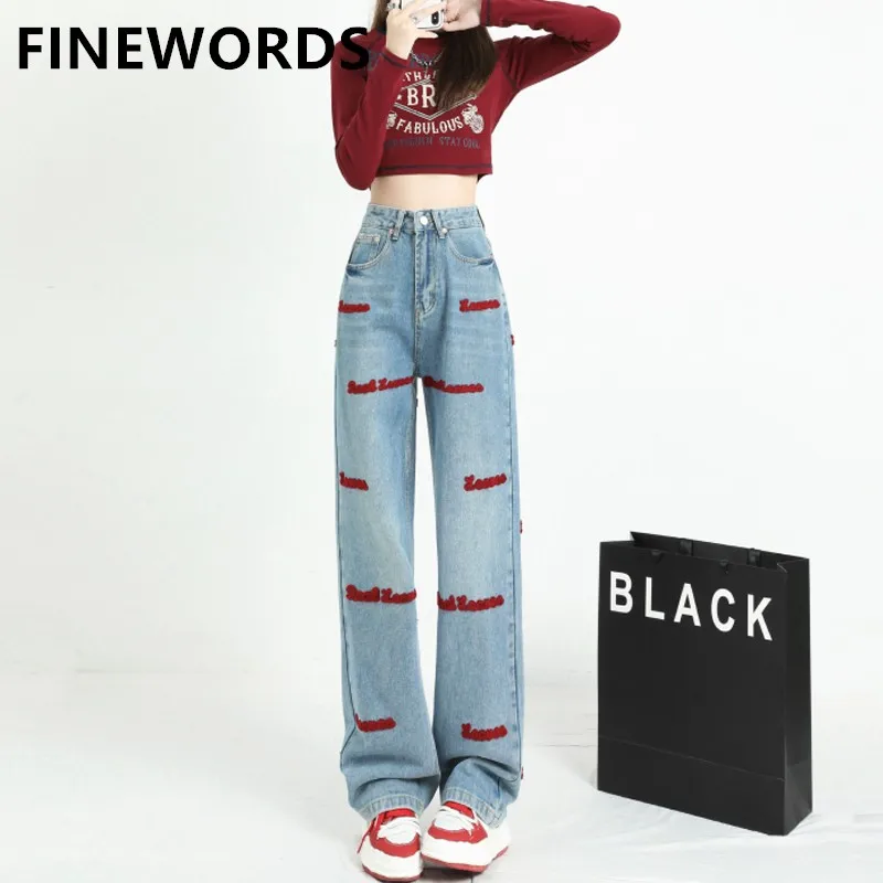 FINEWORDS Vintage Casual Embroidery Wide Leg Jeans High Waist Pattern American Design Loose Jeans Streetwear Coolest Denim Pants