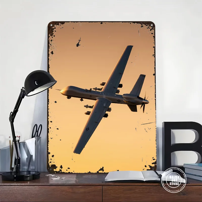 MQ-9 Reaper Drone in Flight Printing Poster Customized Retro Wall Art Vintage Metal Signs for Aesthetic Decoration Room Man Cave