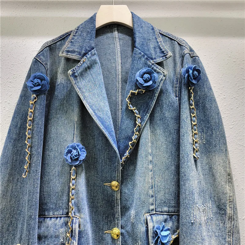 American Style Street Retro Personalized Three-dimensional Flower Chain Suit Washed Two Button Denim Jacket Coat for Women