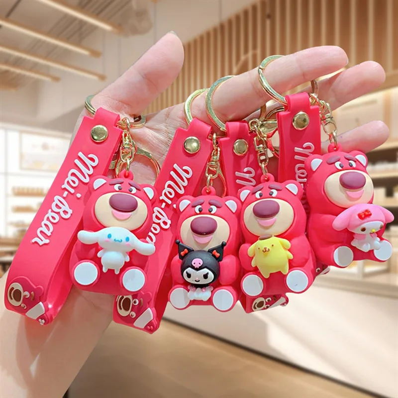 MINISO Cute Anime Strawberry Bear Embrace Sanrio Black Rice Big Eared Dog Keychain Women Backpack Car Key Pendant Children Gift