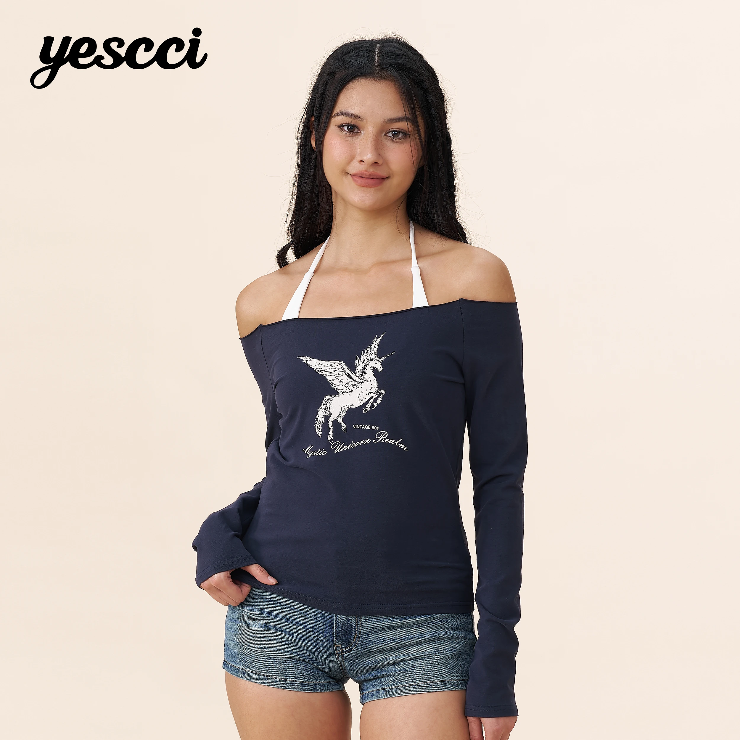 YESCCI Off Shoulder Tee Shirt 2026 Autumn New Vintage Slim Long Sleeve T-Shirt Retro Casual Lightweight Top For Women S56121625