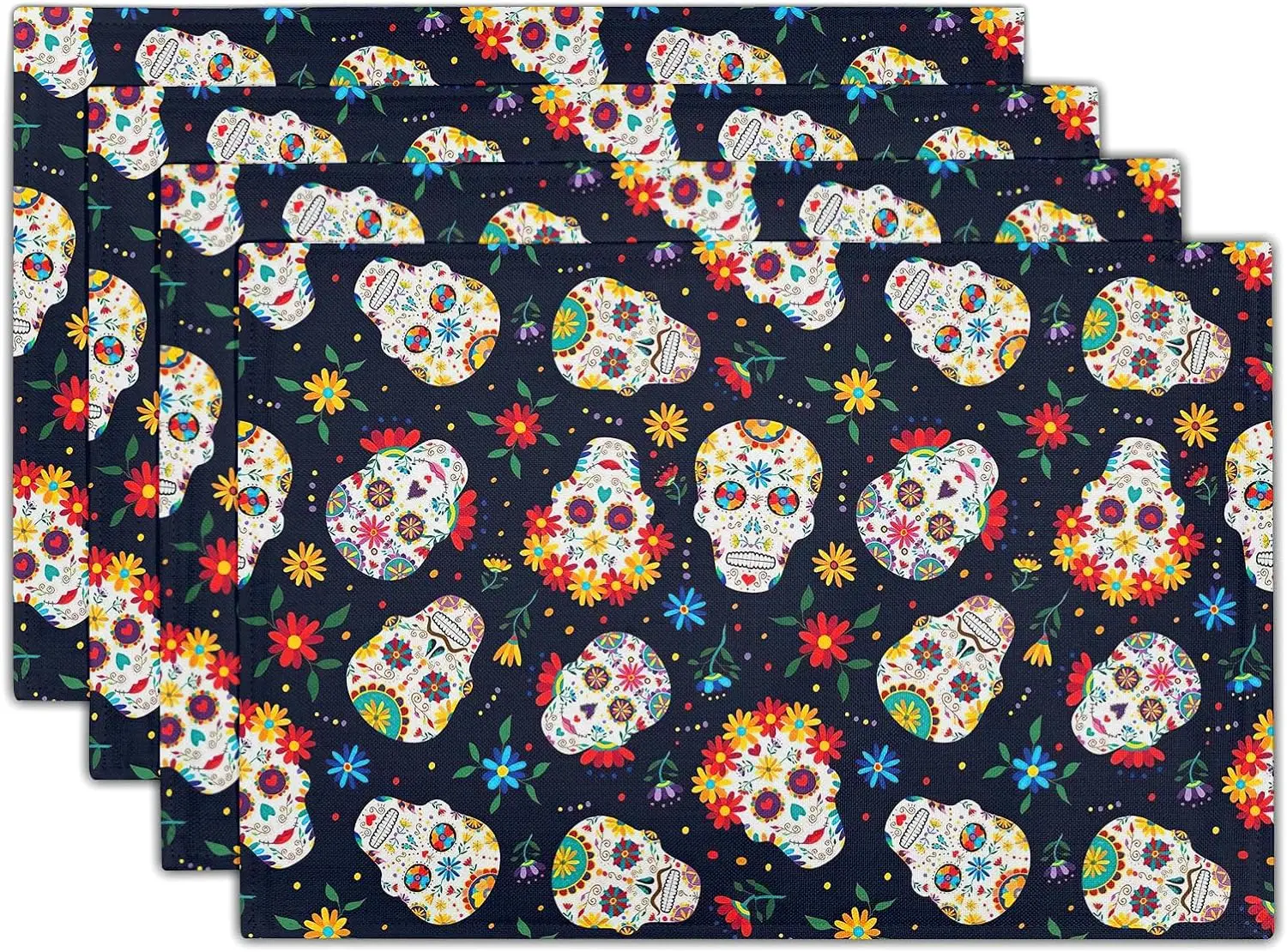 Day of The Dead Linen Placemats Set of 4 12x18in Sugar Skull Dia De Muertos Holiday Table Mat Heat-Resistant Washable Place Mat