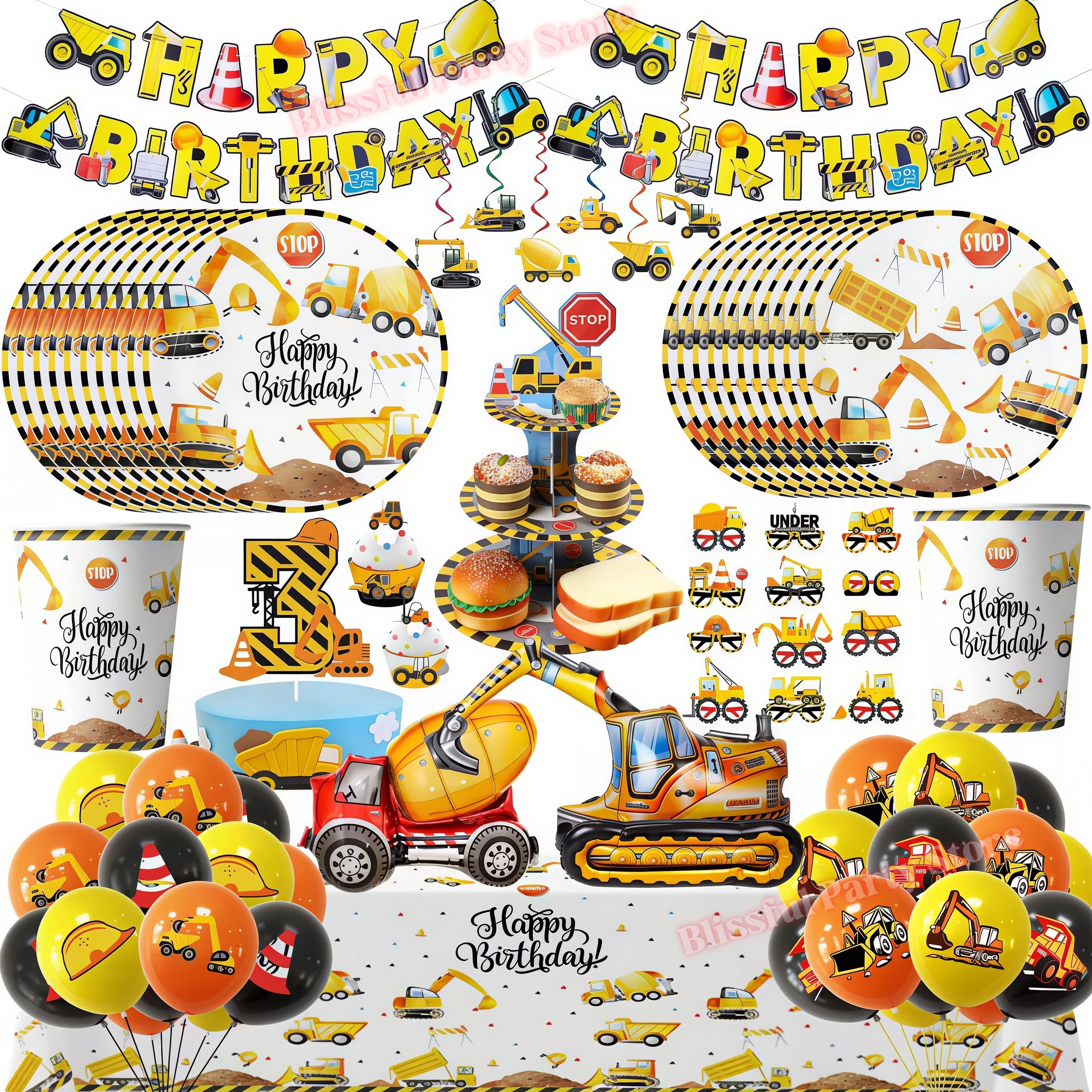 Baustellen-Geburtstagsparty-Dekoration: Bagger-Traktor-Fahrzeug-Teller, Servietten, Ballons, Jungen-Geschenke, Babyparty-Zubehör