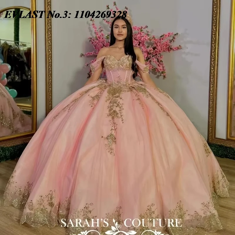 

EVLAST Customized Princess Pink Quinceanera Dress Gold Lace Applique Beading Corset Sweet 16 Dress Vestidos 15 De XV Años E3Q894