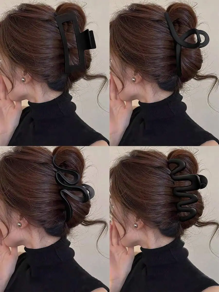 

4pcs Women 10.8cm Square Wavy Lightning Shape Black Plastic Hair Claws Elegant Minimalist Hair Accessories