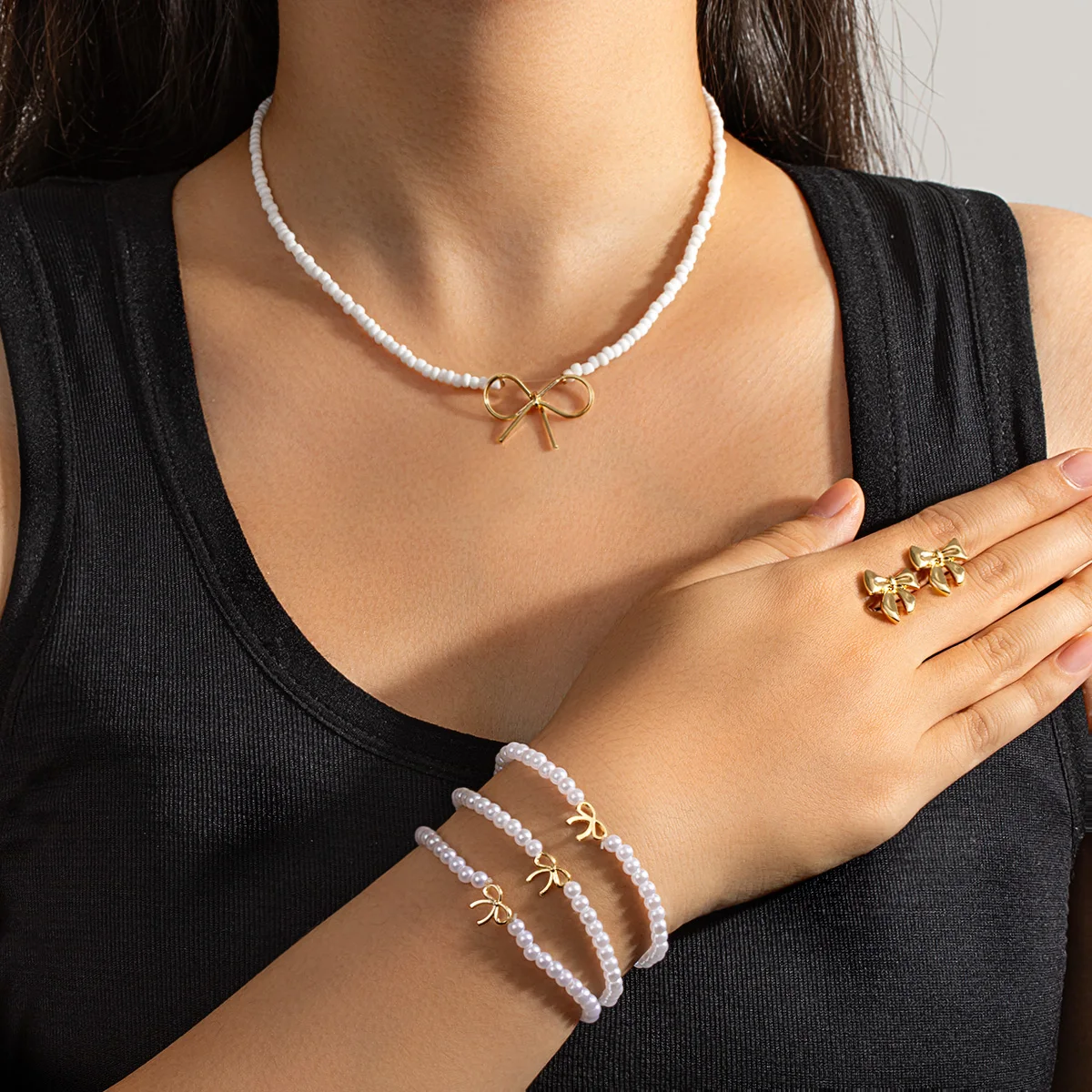 4-piece Cute Butterfly Knot Imitation Pearl Necklace Multi layer Bracelet Earrings Women's Jewelry Set