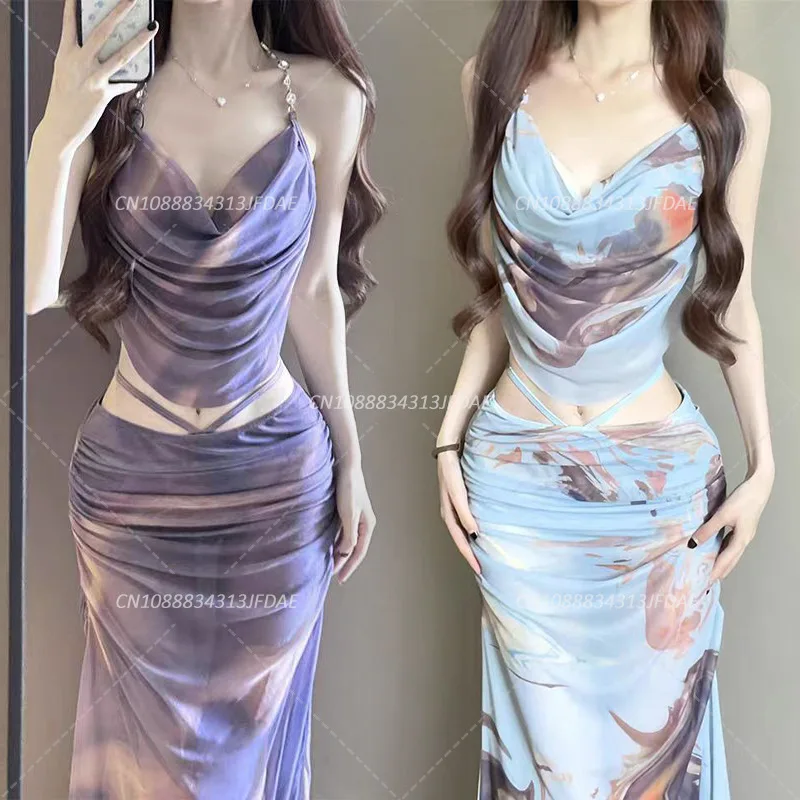 

Three-Piece Set Bikini Swimsuit Long Skirt Fashionable Tie Dye Sexy Slim Fit Steel Holder Gathering Swimsuit Vacation Beachwear