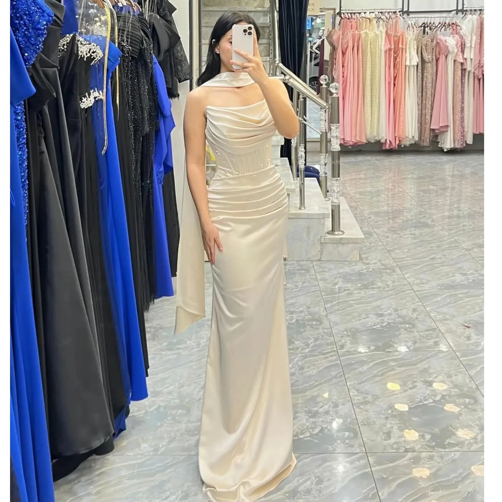 

Элегантные бежевые вечерние платья для женщин, вечернее платье русалки с пятнами, Vestido de Noche, длиной до пола, с бисером, Robe de Soriee