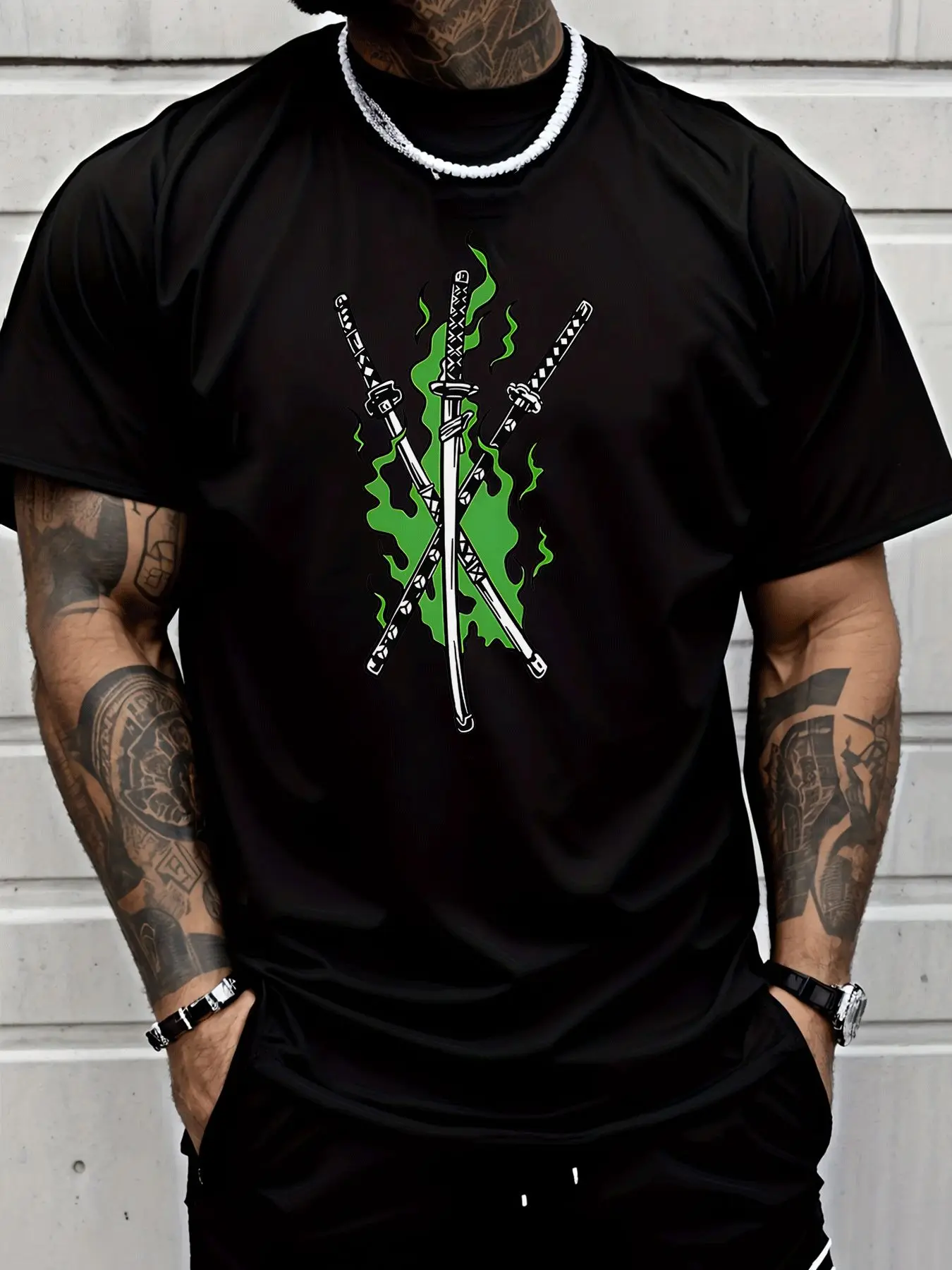 Mens Triple Katana Flame Graphic T Shirt Samurai Sword Anime Streetwear Short Sleeve Cotton Hip Hop Casual Summer Tee For Men