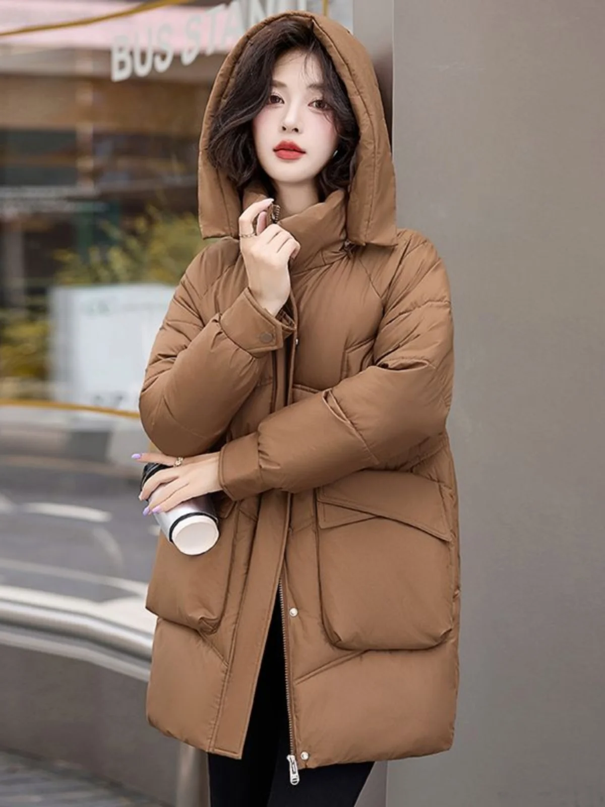 

Loose Thiened Cotton Jaet with Large kets Quilted Cotton Coat Mid-Length Full Cotton down Winter Outerwear Women's Fas...