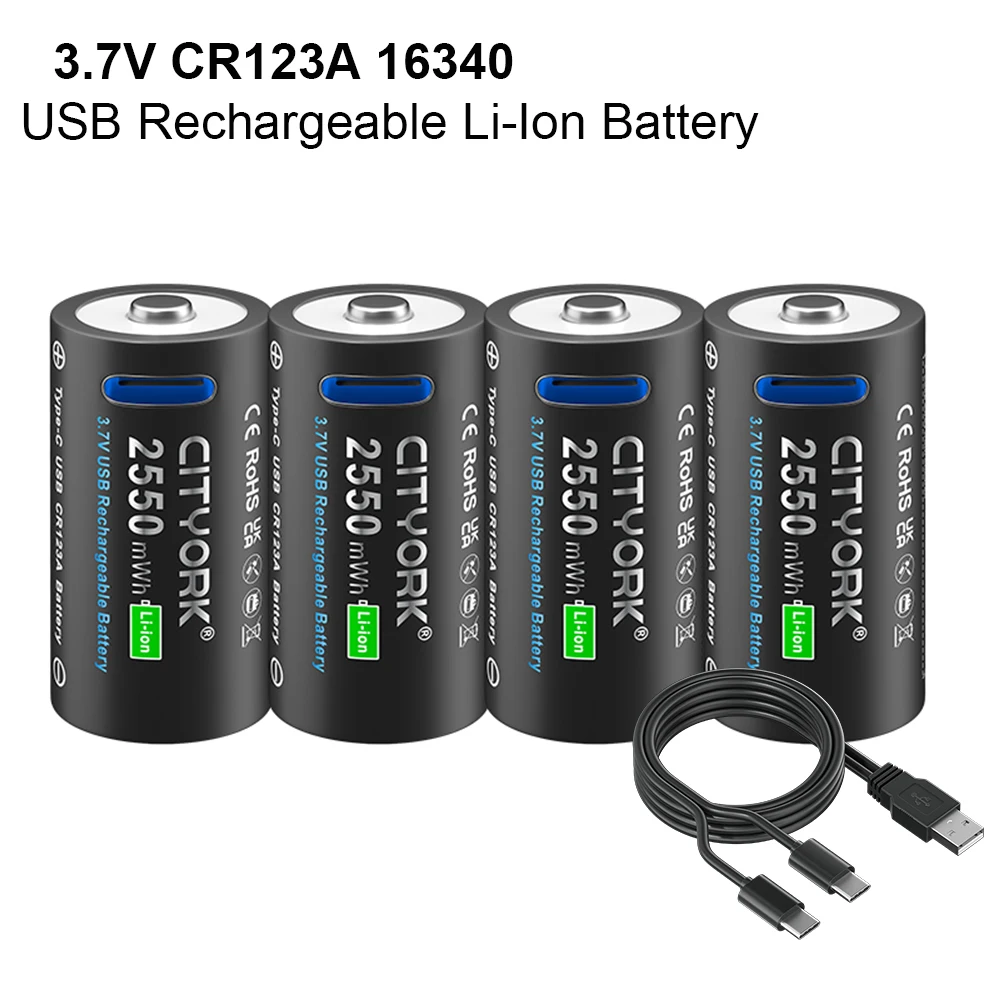 CITYORK 3.7V CR123A CR123 16mmX35mm Rechargeable Battery With USB Inport for RCR123 RCR123A LED Flashlight