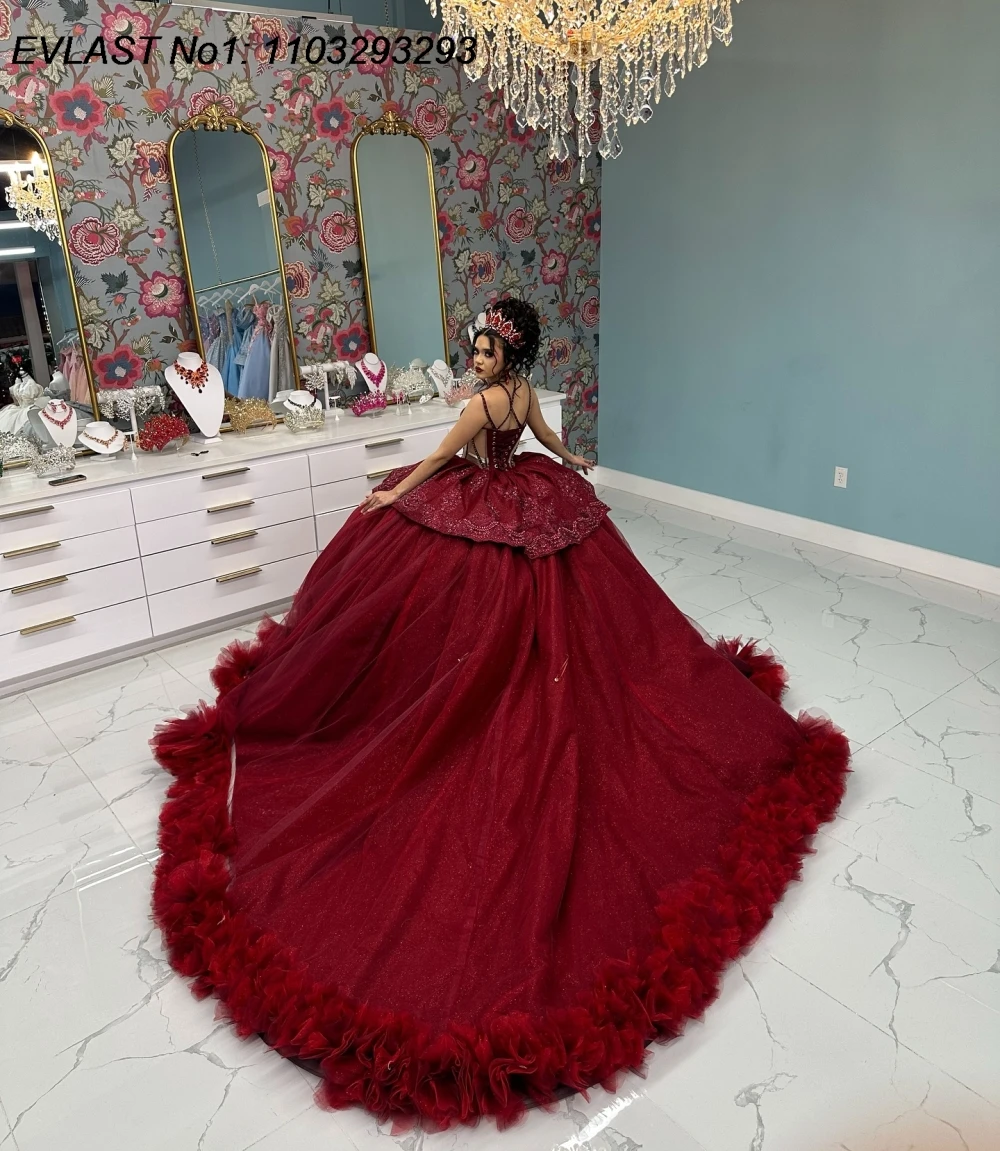 Evlast personalizado borgonha quinceanera vestido de baile brilhante renda applique miçangas em camadas doce 16 vestidos de 15 anos e1qn574