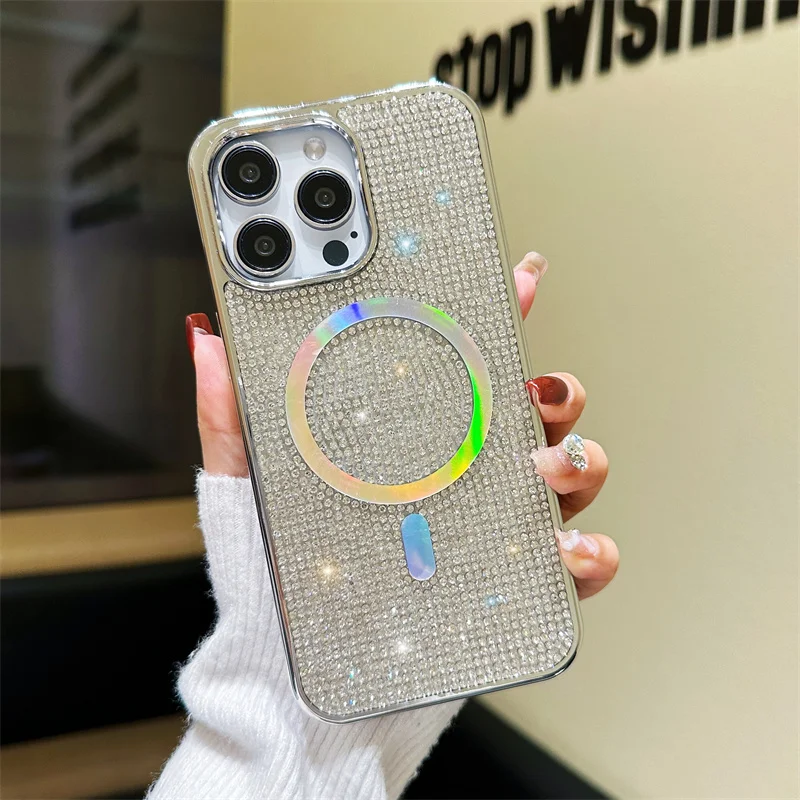 

Luxury Sparkling Diamond Gold Plated Phone Case For iPhone 16 15 14 12 13 11 17 Pro Max 16 Plus Wireless Charging Magsafe Cover