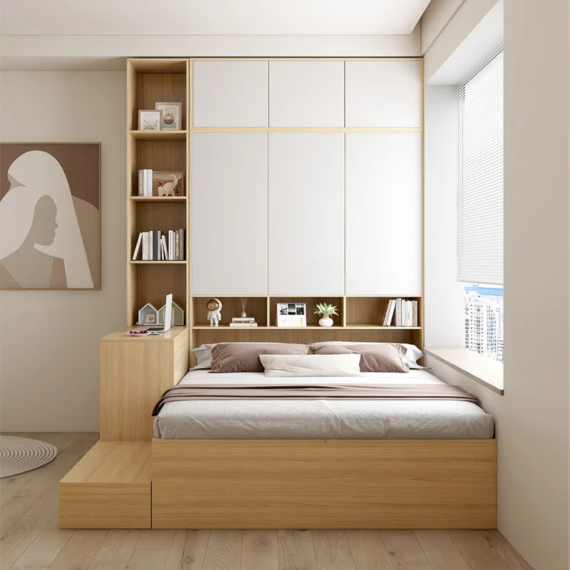 Small apartment tatami bed, bedroom panel wardrobe bed, desk integrated children's bed cabinet combination