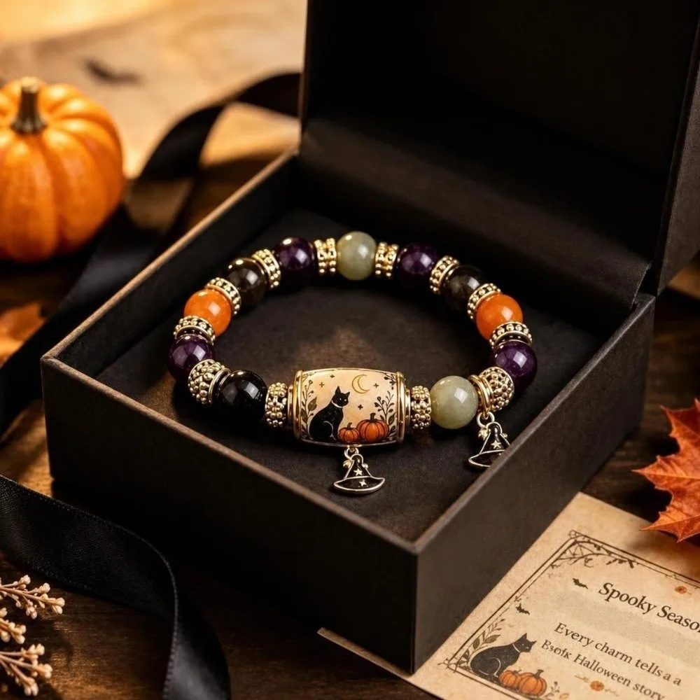 Crystal Beaded Beaded Charm Bracelet Elastic Spooky Cat Motif Elastic Bracelet Witch Hat Pendant Black Cat Pumpkin Charm