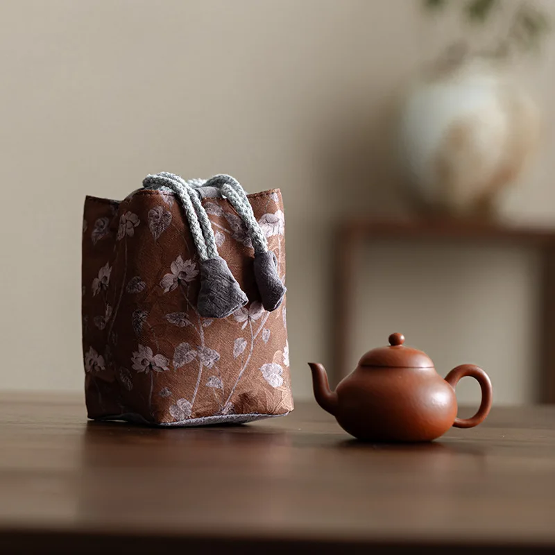 10x13cm Chinese style brown color jacquard drawstring bag Thickened Fabric Tea cup Storage Bag Travel Bag for Tea Cups