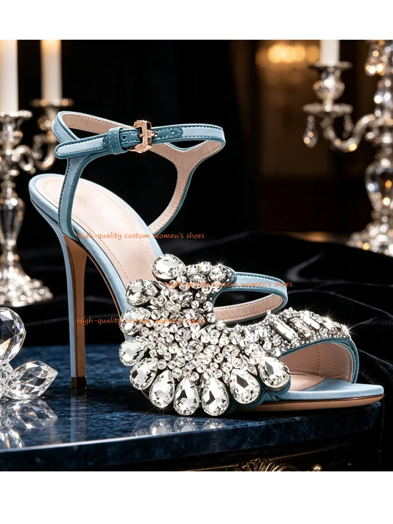 Haze Blue Shoe  C-shaped Silk Fabric Retro Women's Shoes Round Head Manual Dense Mosaic Water Droplets Big Diamond Evening Shoes