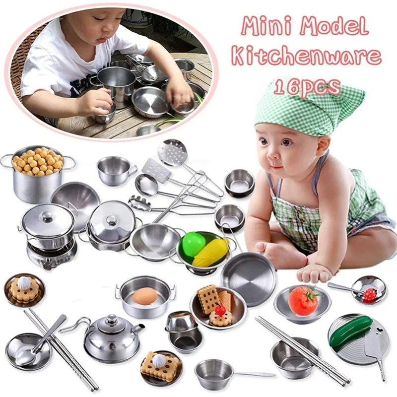 16 قطعة مجموعات الالعاب المطبخ للأطفال الفولاذ المقاوم للصدأ أواني المطبخ والمقالي مجموعة أداة المطبخ لعبة للأطفال هدية #4