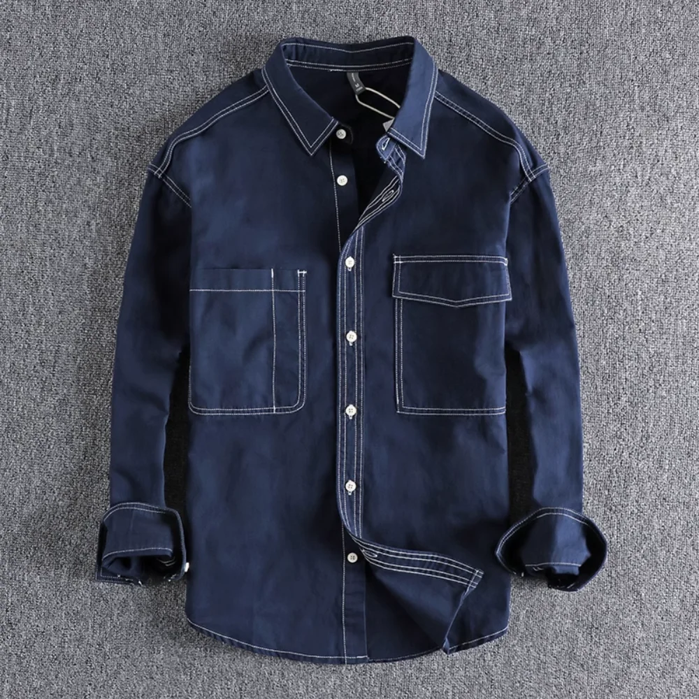 Vintage Style Men's Work Shirt with Detailed Stitching and Washed Cotton Fabric