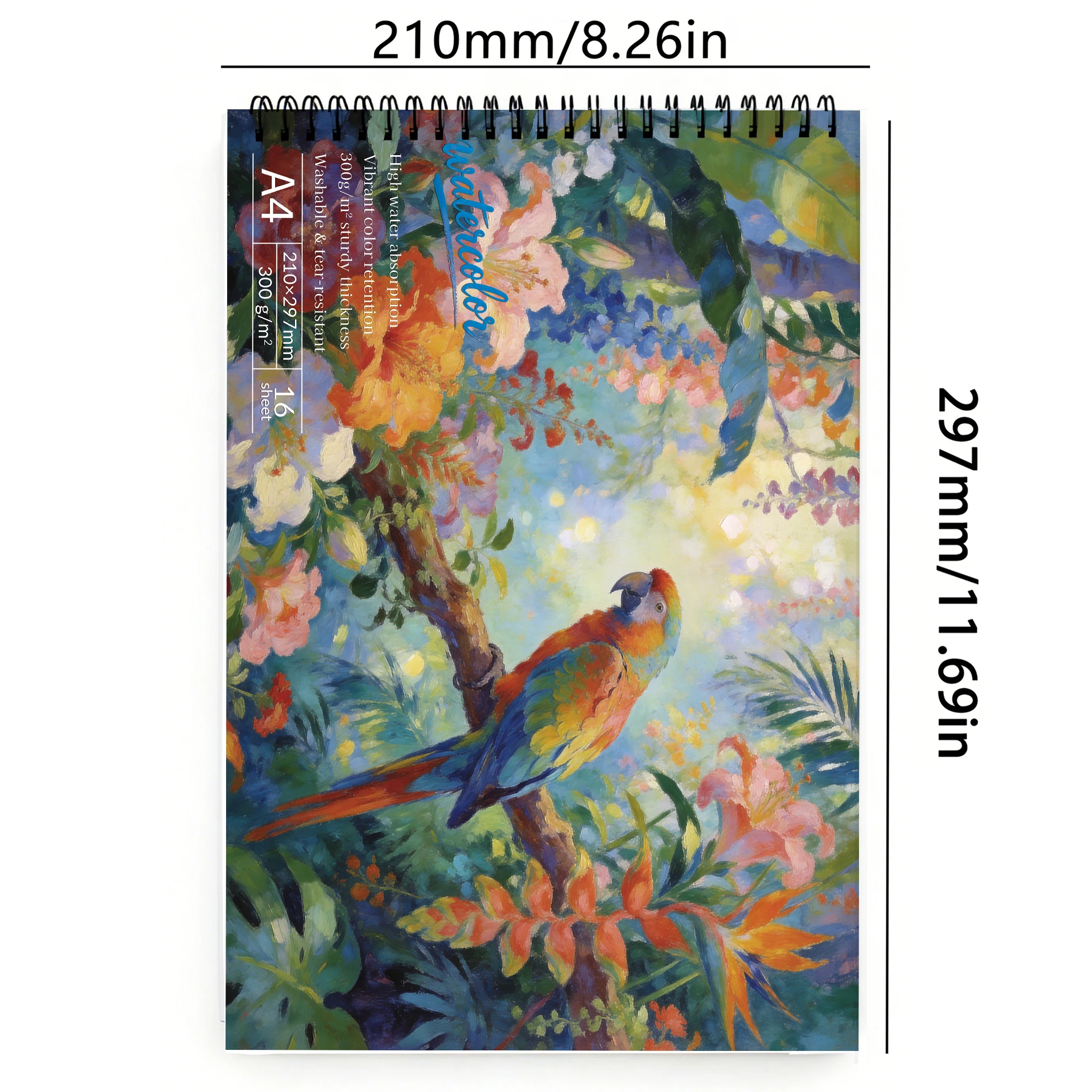 A4  Spiral Watercolor Pad 300gsm, Tropical Macaw Parrot Cover, 16 Sheets Acid-Free Art Sketchbook for Back to School & Gifti