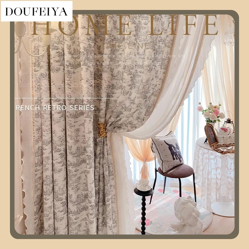 

Fashion Modern French Style Printing Court Retro Half Blackout Curtain A Living Room Bedroom Lace Pearl Classical Style