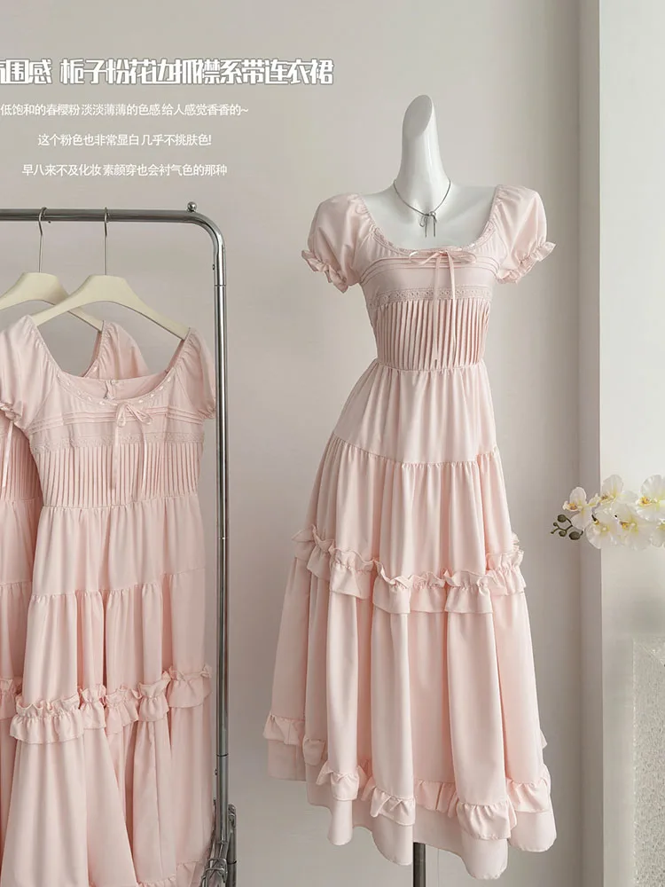 

Japanese Fashion Square Collar Ruched A-line Dress Women New Sweet Romantic Long Dress Summer Elegant One-Piece Frocks Mori Girl