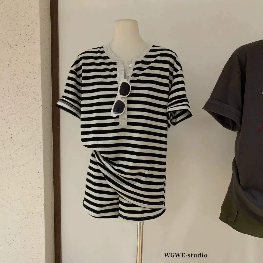 

2025 Summer new spicy girl temperament versatile loose casual sloping shoulder one shoulder striped T-shirt women's top