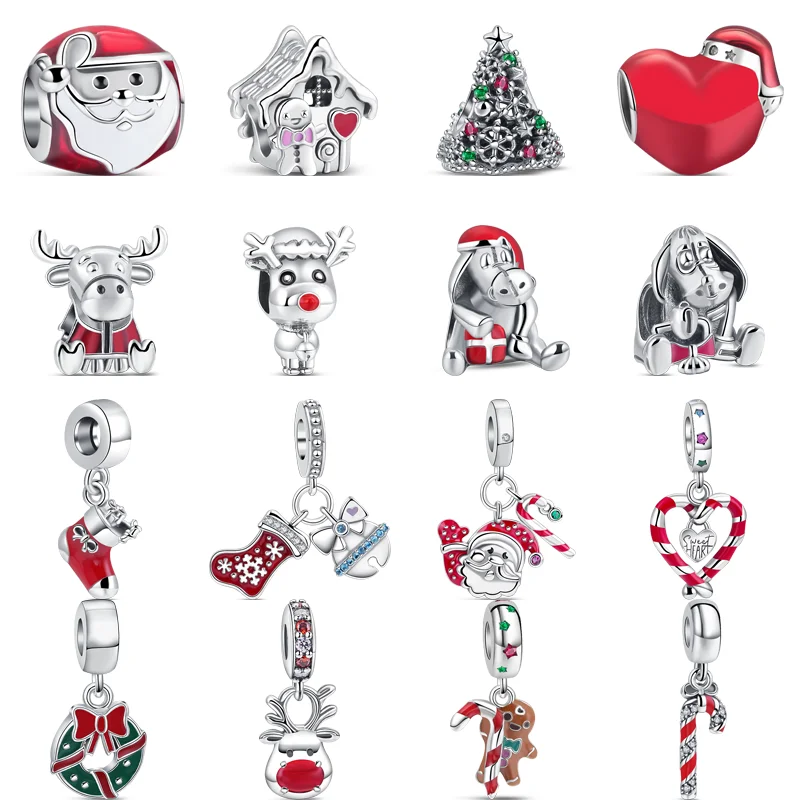 

925 Silver Elk Santa Claus Socks Hat Tree Double Candy Cane Heart Christmas Beads Fit Pandora Charms Original Bracelets Jewelry