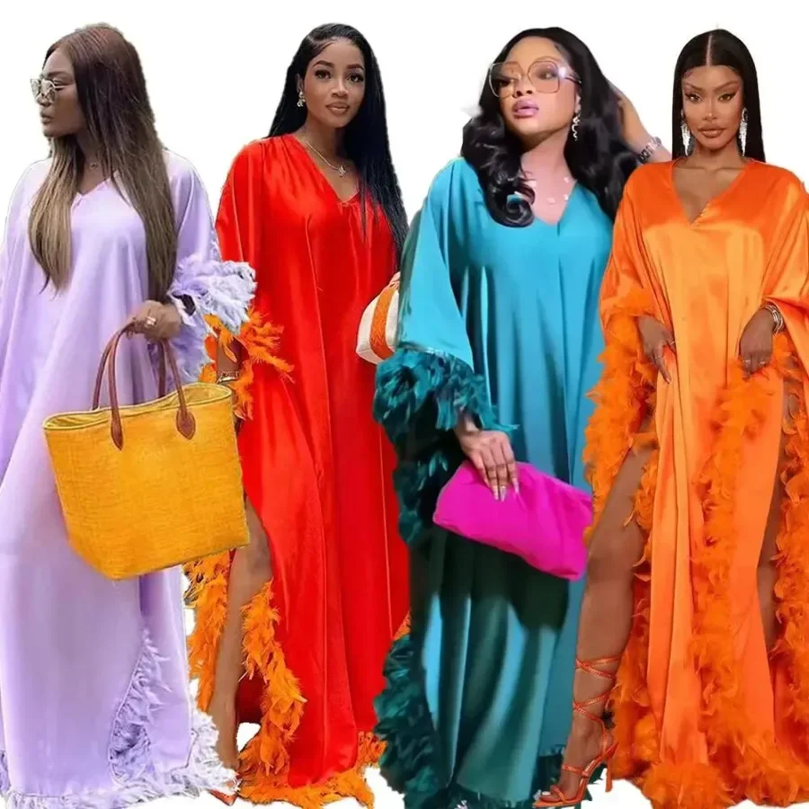 Feather African Dresses for Women 2024 Traditional Nigeria Wedding Plus Size Abaya Dubai Boubou Dress Muslim Robe Femme Clothes