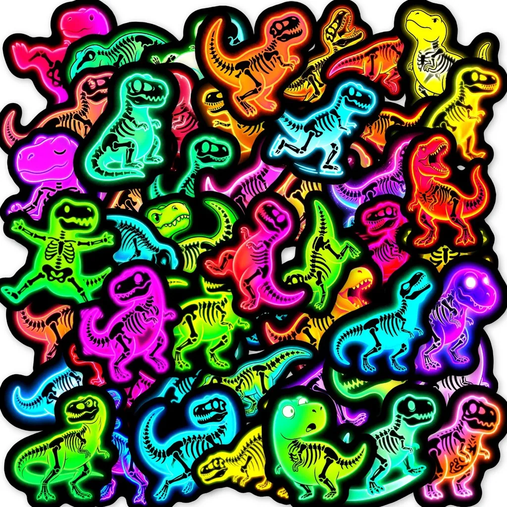 50 Sheets Neon Dinosaur Skeleton Waterproof Stickers Cartoon Jurassic Dino Decals for DIY Decor Golden Memory Stickers Store