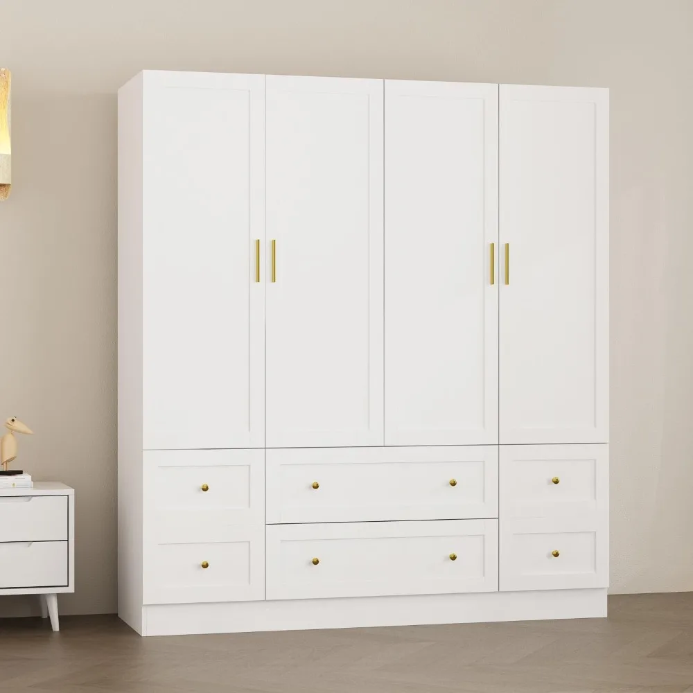 

4-Door Armoire Wardrobe Closet with Hanging Rod, White Clothing Storage Cabinet with Drawer Organization, 70.9" Tall Wooden