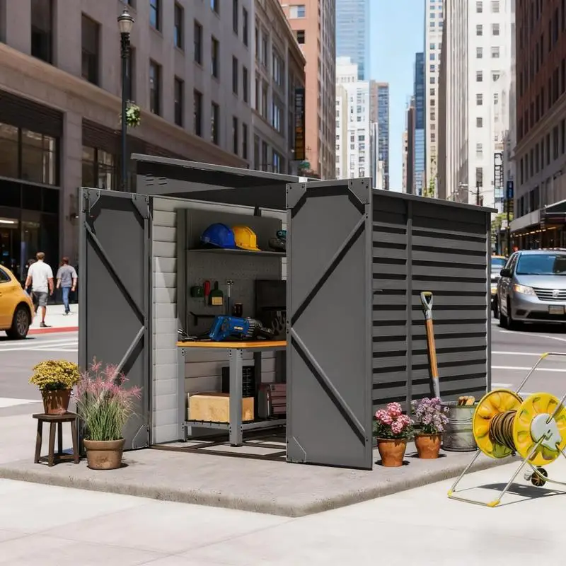 

Dark Gray Outdoor Storage Shed with Foundation Kit, Lockable Doors and Gloves for Patio Lawn Storage Solutions