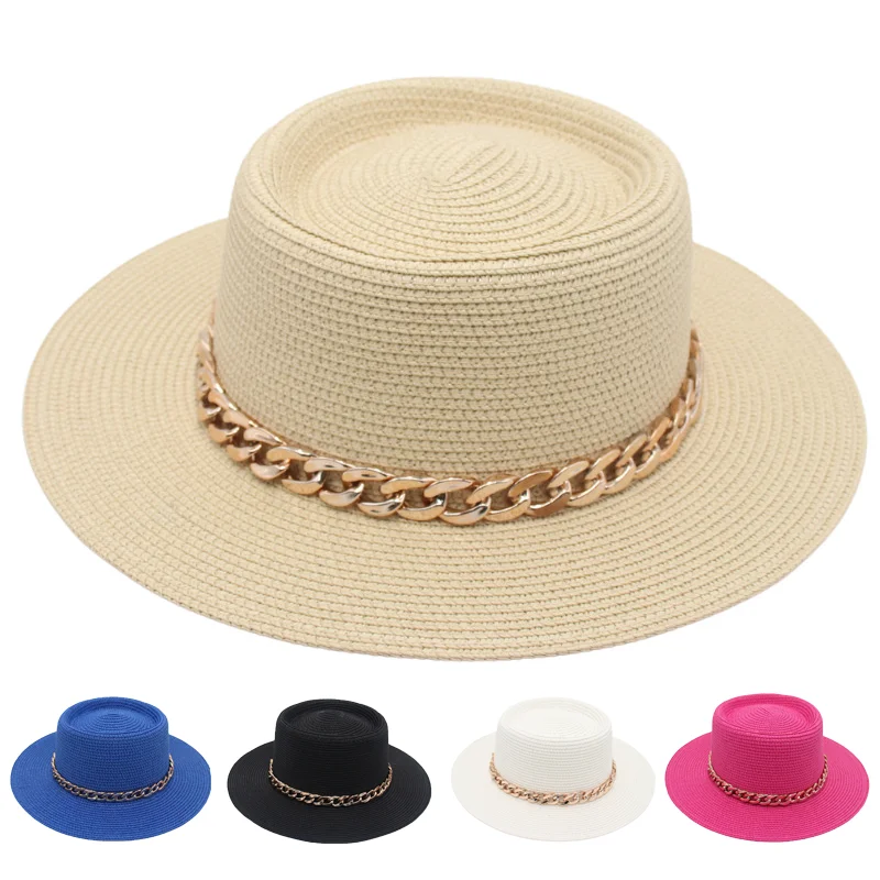 

French Style Round Top Panama Straw Hat with Gold Acrylic Chain Elegant Sun Hat Women Hepburn-Inspired Beach Vacation Accessory
