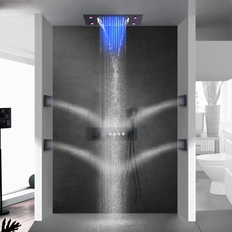 

Современная душевая система с LED-подсветкой, функциями дождевого и водопадного душа, термостатическим смесителем и полированными кранами для ванной комнаты