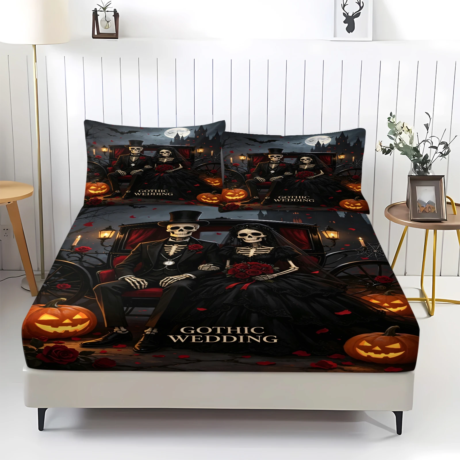 Gothic Wedding Skeleton Couple Carriage Fitted Sheet Set Pumpkin Castle Print Elastic Deep‑Pocket Bed Sheet With Pillowcase