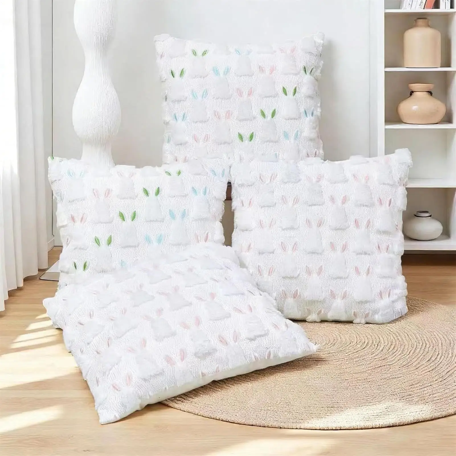 Easter Pillow Case 18X18 Inch Spring Bunny Cushion Cover 2 Pieces Square Pillowcase for Sofa Couch Chair Bed Living Room Bedroom