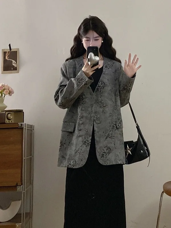 

plus Size Retro Suit Jacket Loose Slimming Design Unique Style Korean Version Long Sleeve Cardigan for Pear Shaped Women