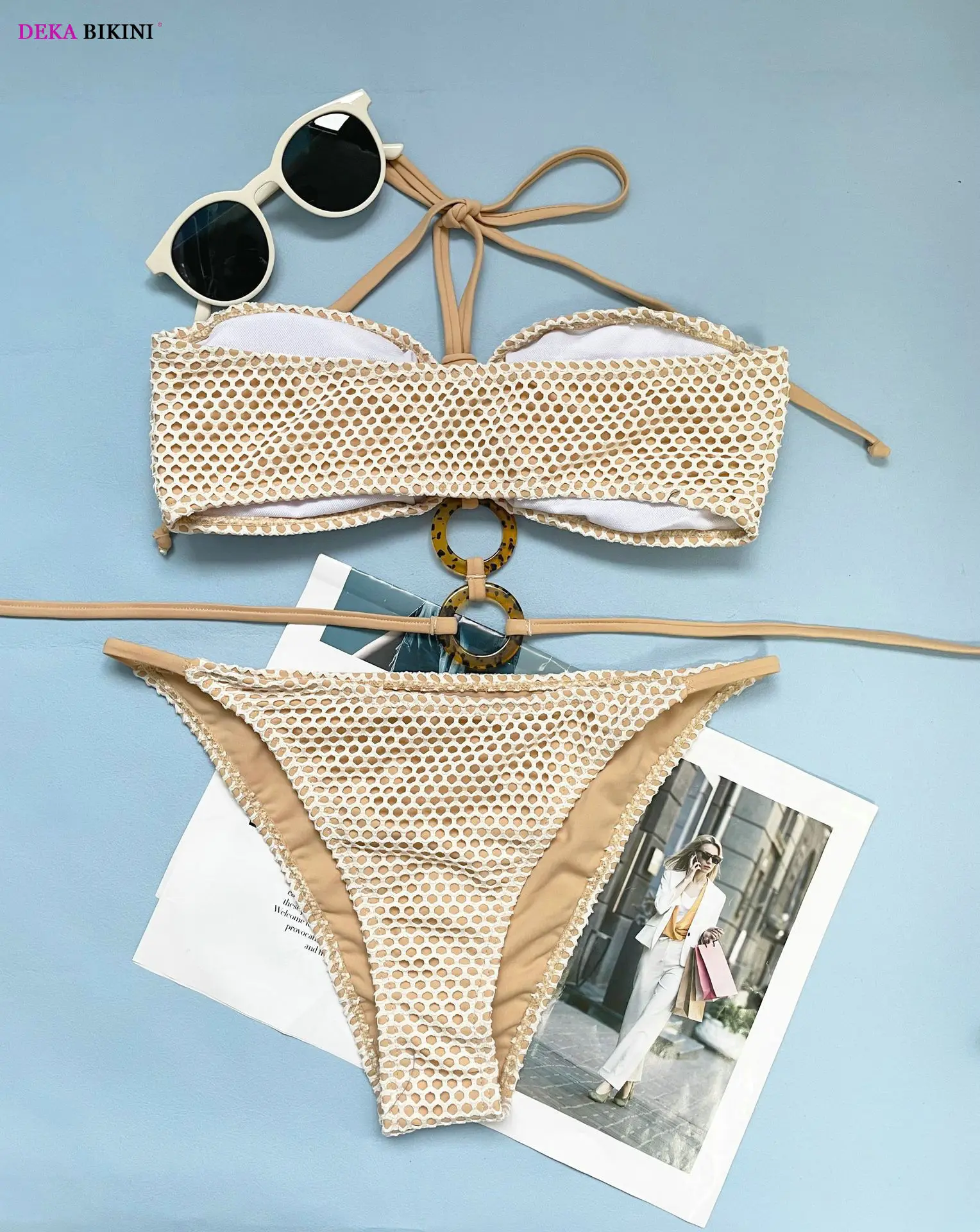 DEKA femmes bandeau cou Bikini ensemble enrouler autour licou maille filet de poisson Bikini ensemble maillots de bain femme maillot de bain baigneur maillot de bain bain