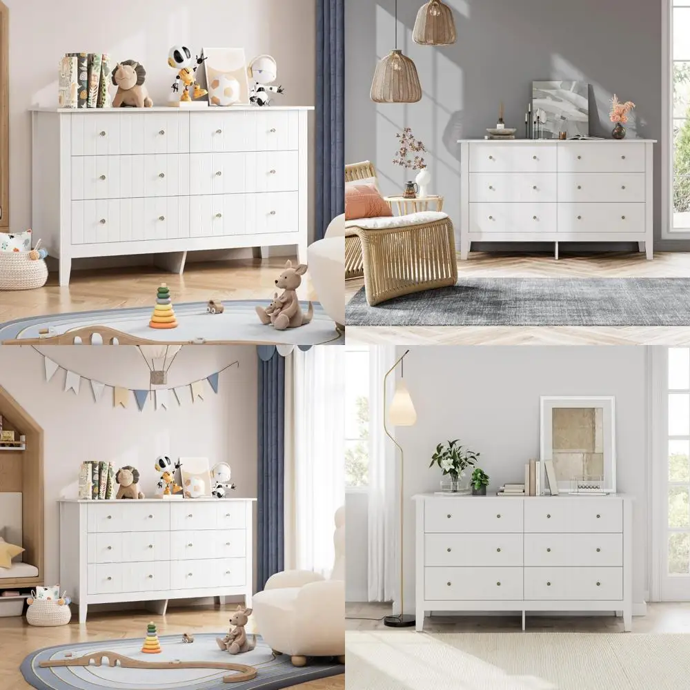 Modern 6-Drawer Double Dresser in White, Deep Storage Nursery Chest for Baby