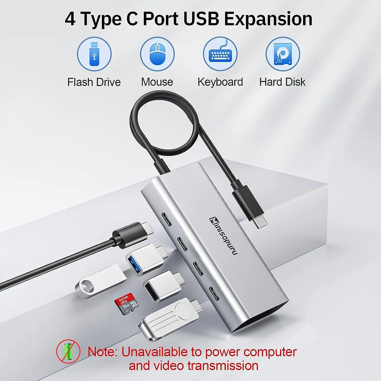 Minisopuru USB C Hub 10Gbps 4 Port USB C to USB C Splitter for Data Transfer Only Multiport Adapter for MacBook Pro Air iMac Hub